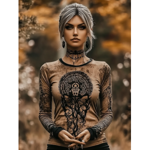 Vintage Viking Mystery Pattern Print Long Sleeve T-shirt