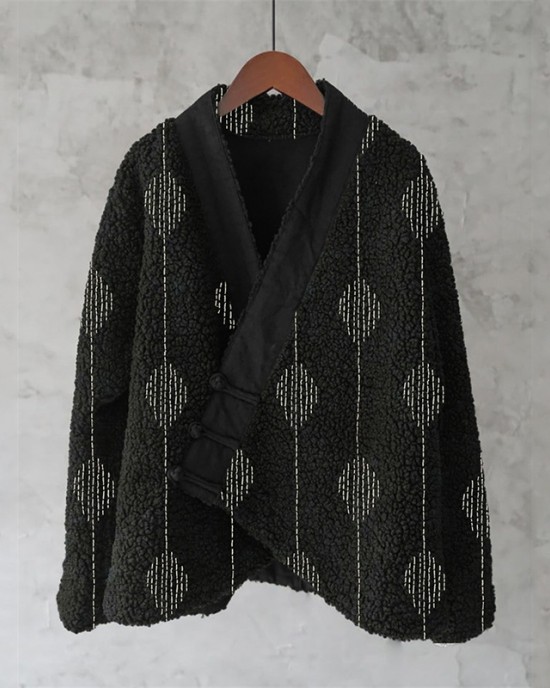 Japanese Embroidered Sashiko Art Cozy Fleece Kimono Cardigan