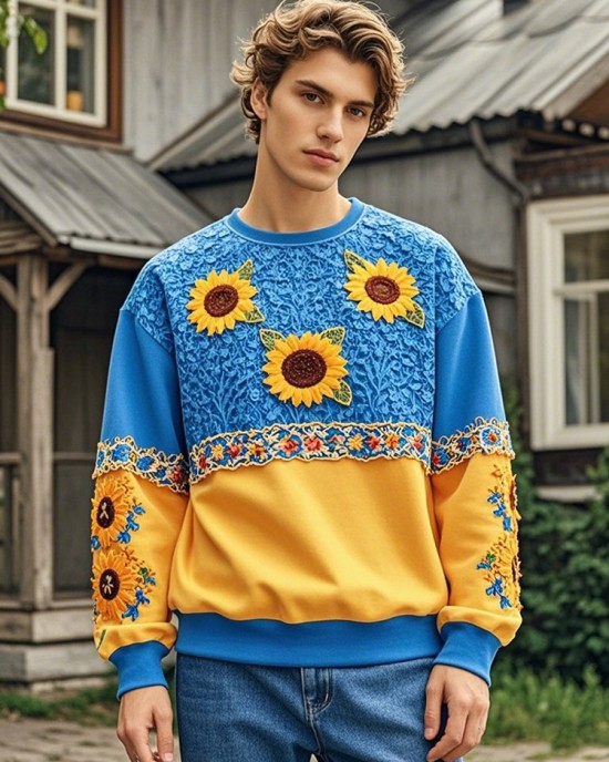 Men's Ukrainian Sunflower Embroidery Crew Neck Casual Sweatshirt Men's Ukrainian Sunflower Embroidery Crew Neck Casual Sweatshirt