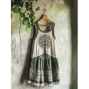 Vintage Tribal Celtic Knot Life Of Tree Patchwork Art Linen Tank Dress