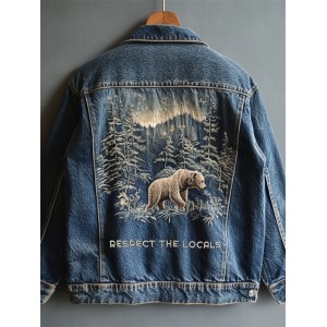 Respect The Locals Bear Landscape Embroidered Denim Jacket