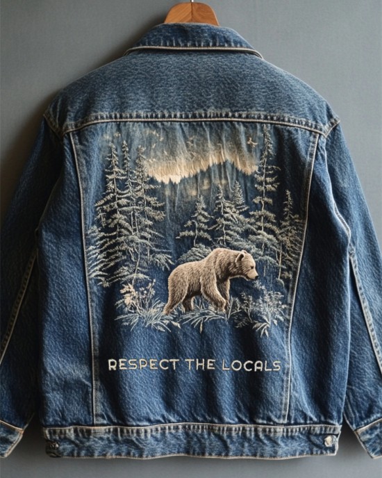 Respect The Locals Bear Landscape Embroidered Denim Jacket