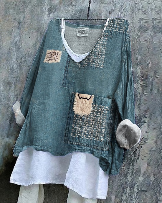 Retro Sashiko Cats Japanese Art Patchwork Linen Blend Tunic
