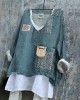 Retro Sashiko Cats Japanese Art Patchwork Linen Blend Tunic