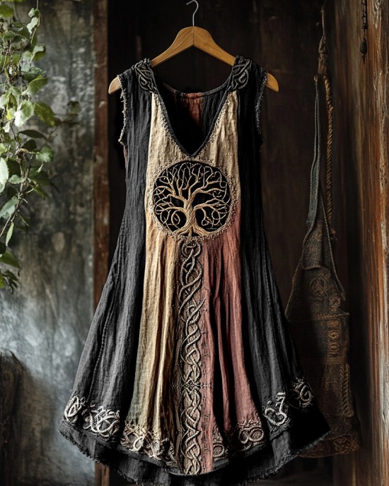Tribal Viking Colorful Gradient Tree Of Life Lace Art Linen Tank Dress
