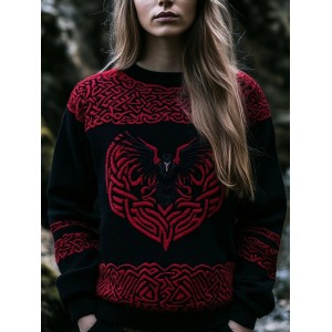 Viking Raven Inspired Jacquard Retro Crew Neck Cozy Sweater