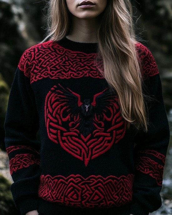 Viking Raven Inspired Jacquard Retro Crew Neck Cozy Sweater