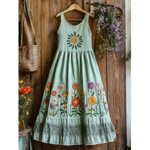 Vintage Boho Colorful Floral Embroidered Art Linen Tank Dress