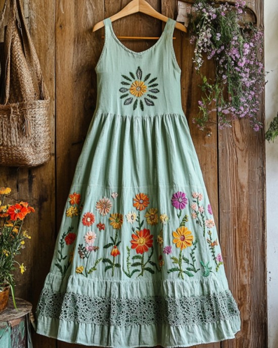 Vintage Boho Colorful Floral Embroidered Art Linen Tank Dress Vintage Boho Colorful Floral Embroidered Art Linen Tank Dress