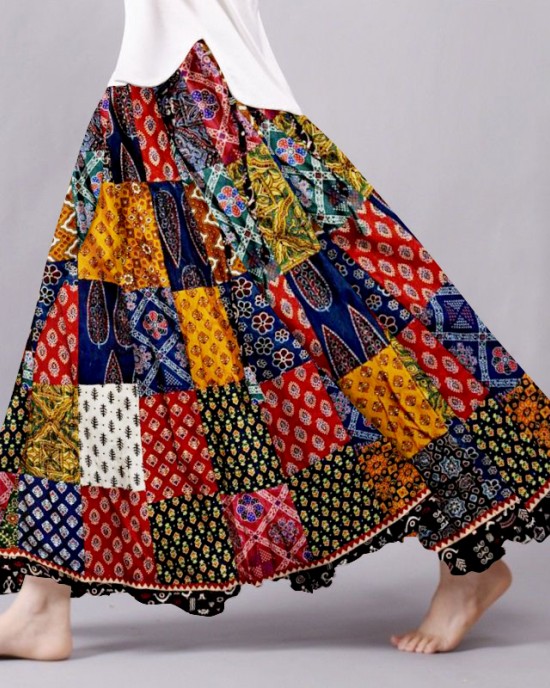 Boho Patchwork Flowy Linen Blend Wide Skirt Boho Patchwork Flowy Linen Blend Wide Skirt