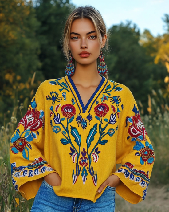 Ukrainian Folk Floral Tattoo Art Linen V-neck Shirt