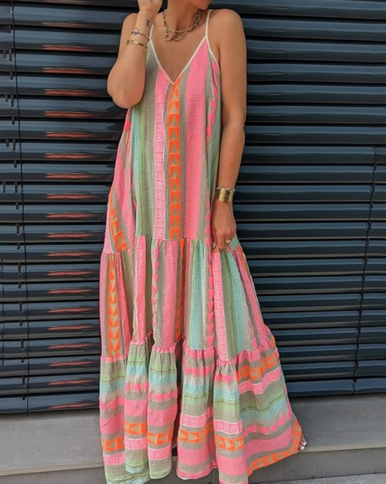 Vintage Geometric Color Block Bohemian Patchwork Sleeveless Colorful Dress Vintage Geometric Color Block Bohemian Patchwork Sleeveless Colorful Dress