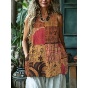 Vintage Geometric Floral Print Women's Linen Tank Top