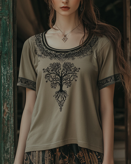 Vintage Tribal Tree Of Life Print Crew Neck T-shirt Vintage Tribal Tree Of Life Print Crew Neck T-shirt
