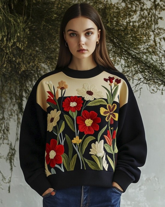 Vibrant Floral Embroidery Women's Crew Neck Sweatshirt Vibrant Floral Embroidery Women's Crew Neck Sweatshirt