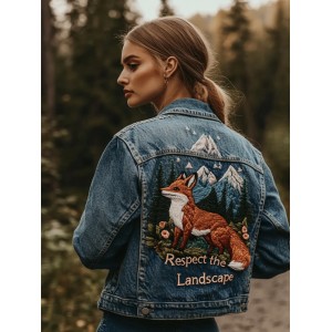 Vintage Landscape Fox And Floral Embroidered Denim Jacket
