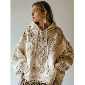 Women's Floral Embroidery Art Casual Cozy Hoodie