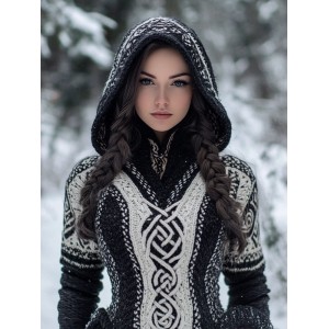 Women's Celtic Knot Jacquard Contrast Color Knit Hooded Sweater