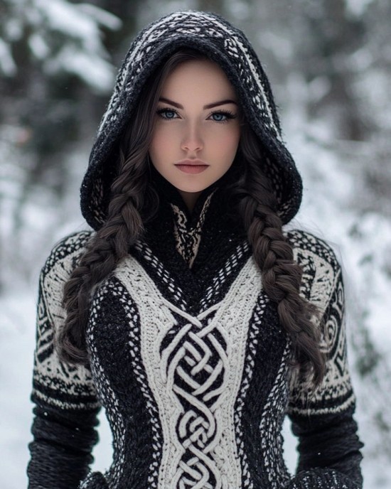 Women's Celtic Knot Jacquard Contrast Color Knit Hooded Sweater