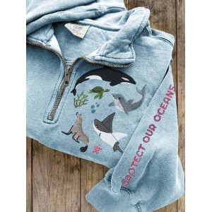 Protect Our Oceans Marine Animals Embroidered Zip Up Sweatshirt