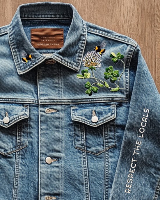Respect The Locals Bees & Clovers Embroidered Denim Jacket Respect The Locals Bees & Clovers Embroidered Denim Jacket