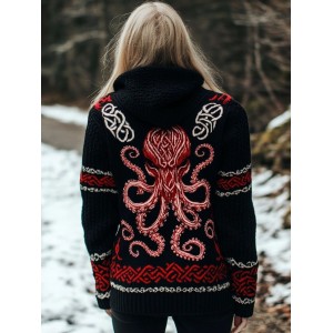 Cthulu Celtic Cozy Jacquard Chunky Hooded Cardigan