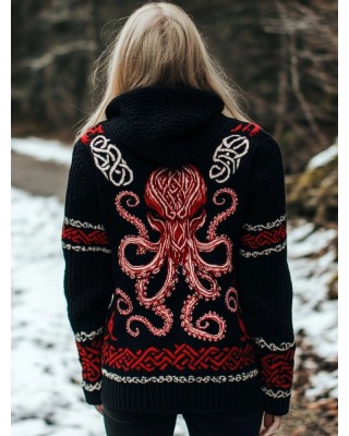 Cthulu Celtic Cozy Jacquard Chunky Hooded Cardigan