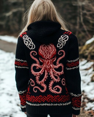 Cthulu Celtic Cozy Jacquard Chunky Hooded Cardigan