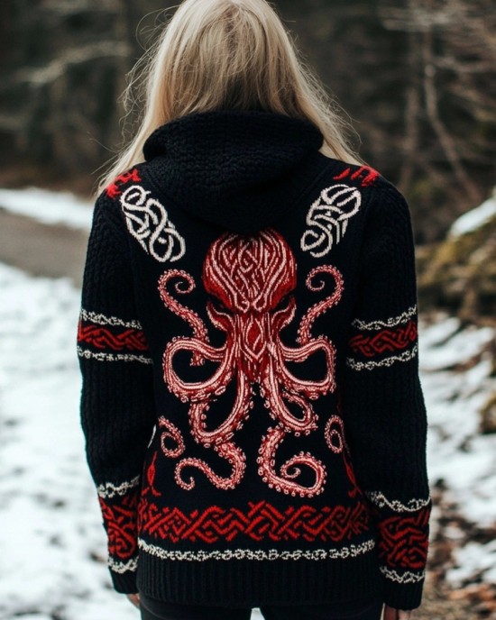 Cthulu Celtic Cozy Jacquard Chunky Hooded Cardigan Cthulu Celtic Cozy Jacquard Chunky Hooded Cardigan