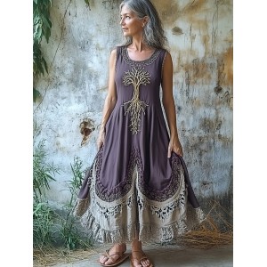 Women's Vintage Tribal Tree Of Life Patchwork Linen Blend Midi Dress