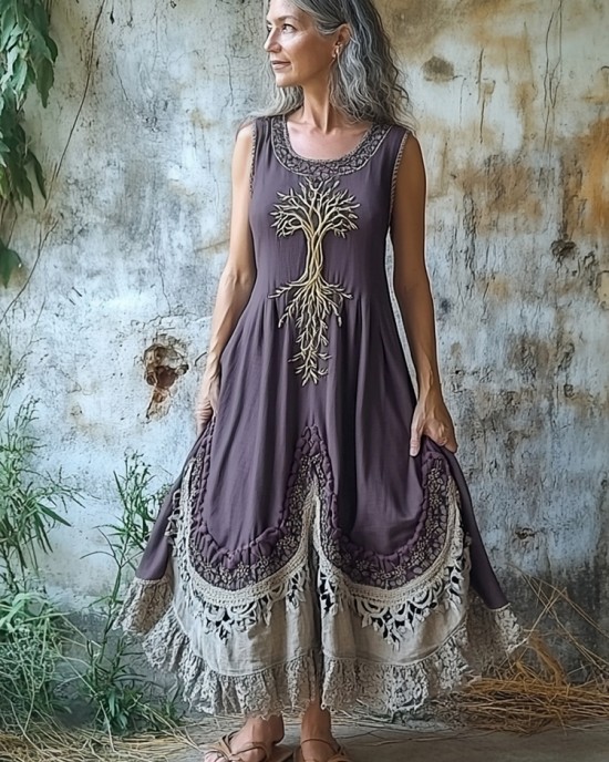 Women's Vintage Tribal Tree Of Life Patchwork Linen Blend Midi Dress Women's Vintage Tribal Tree Of Life Patchwork Linen Blend Midi Dress