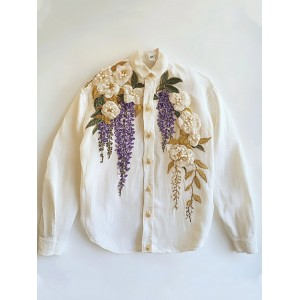 Women's Floral Embroidered Art Linen Blend Shirt
