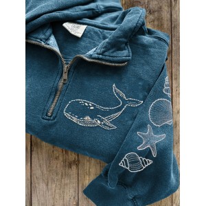 Whale & Sea Shells Embroidered Zip Up Sweatshirt