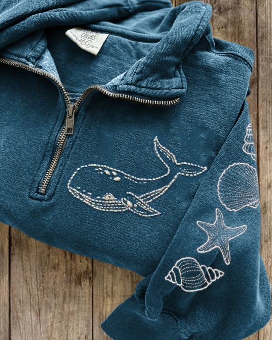 Whale & Sea Shells Embroidered Zip Up Sweatshirt Whale & Sea Shells Embroidered Zip Up Sweatshirt