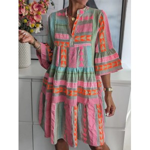Vintage Geometric Color Block Bohemian Patchwork Sleeveless Colorful Standing Collar Dress