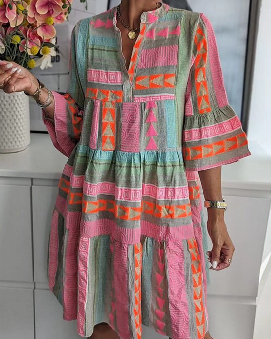 Vintage Geometric Color Block Bohemian Patchwork Sleeveless Colorful Standing Collar Dress Vintage Geometric Color Block Bohemian Patchwork Sleeveless Colorful Standing Collar Dress