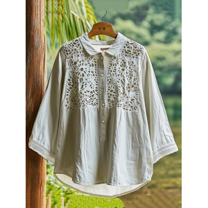 Women's Lace Cut-out Floral Design Lapel Linen Shirt