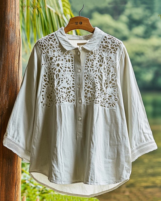 Women's Lace Cut-out Floral Design Lapel Linen Shirt
