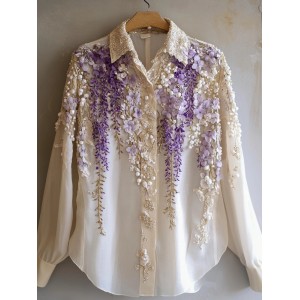 Women's Purple Floral Pearl Embroidered Elegant Shirt