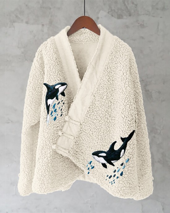 Ocean Whales Embroidery Art Fleece Kimono Cardigan