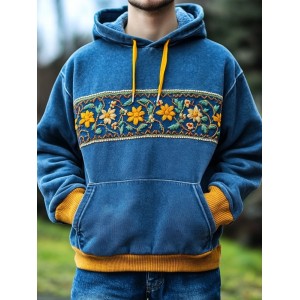 Men's Ukrainian Folk Flower Embroidered Washed Cozy Hoodie