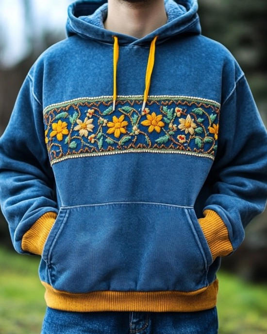 Men's Ukrainian Folk Flower Embroidered Washed Cozy Hoodie Men's Ukrainian Folk Flower Embroidered Washed Cozy Hoodie