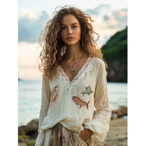 Retro Fish Embroidery Print Linen Blend Loose Blouse