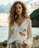 Retro Fish Embroidery Print Linen Blend Loose Blouse Retro Fish Embroidery Print Linen Blend Loose Blouse