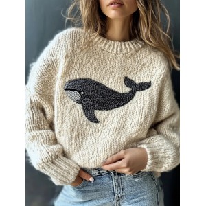 Cute Whale Embroidery Vintage Cozy Knit Sweater