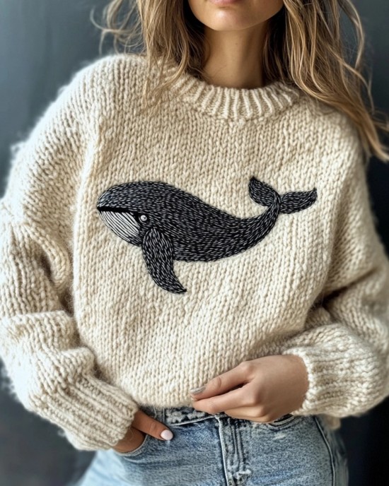 Cute Whale Embroidery Vintage Cozy Knit Sweater Cute Whale Embroidery Vintage Cozy Knit Sweater