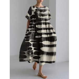 Women's Zebra Style Abstract Art Print Linen Blend Dress