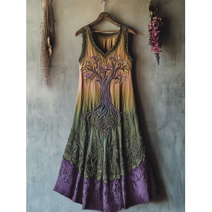 Vintage Viking Tribal Celtic Knot Life Of Tree Lace Patchwork Art Linen Tank Dress