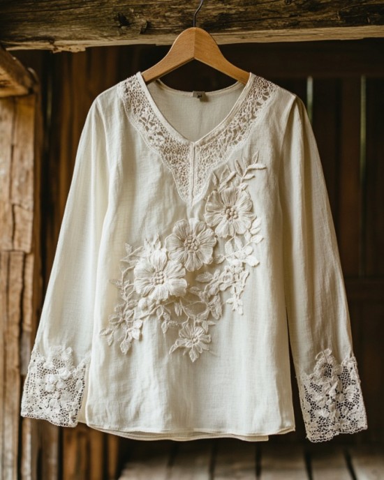 Women's Retro Floral Lace Embroidery Art V-neck Shirt Women's Retro Floral Lace Embroidery Art V-neck Shirt