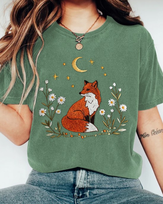 Vintage Fox Embroidered Comfy T Shirt